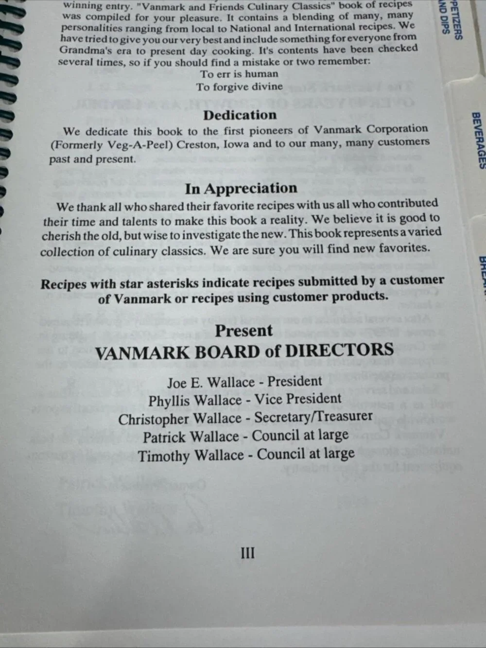 1997 Vanmark and Friends Culinary Classics Cookbook Iowa corporation Wallace
